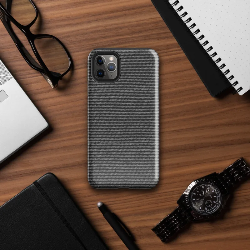 tightly woven horizontal knit stitch pattern in charcoal black and silver grey tones on Glossy Carbon Weave Knit Texture Tough Case for iPhone - default view