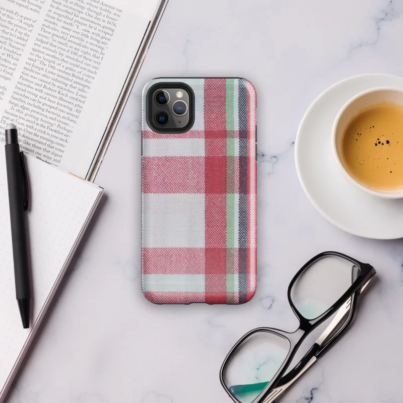 traditional tartan plaid pattern with bold red, navy, forest green, and white intersecting woven stripes on Glossy Classic Plaid Heritage Tough Case for iPhone - default view