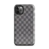 tightly woven checkered pattern in charcoal and light grey with diagonal textile weave detail across each square block on Glossy Steel Grid Woven Check Tough Case for iPhone - default view