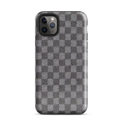 tightly woven checkered pattern in charcoal and light grey with diagonal textile weave detail across each square block on Glossy Steel Grid Woven Check Tough Case for iPhone - default view
