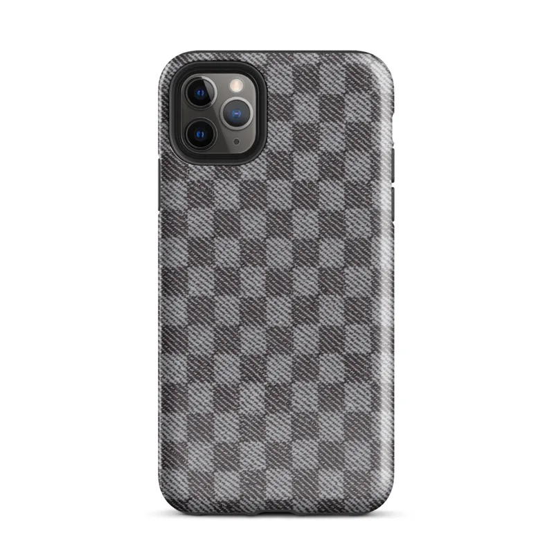 tightly woven checkered pattern in charcoal and light grey with diagonal textile weave detail across each square block on Glossy Steel Grid Woven Check Tough Case for iPhone - default view