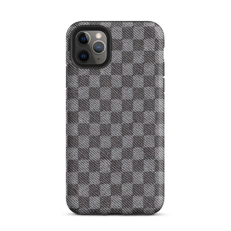tightly woven checkered pattern in charcoal and light grey with diagonal textile weave detail across each square block on Matte Steel Grid Woven Check Tough Case for iPhone - default view