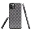 tightly woven checkered pattern in charcoal and light grey with diagonal textile weave detail across each square block on Glossy Steel Grid Woven Check Tough Case for iPhone - default view
