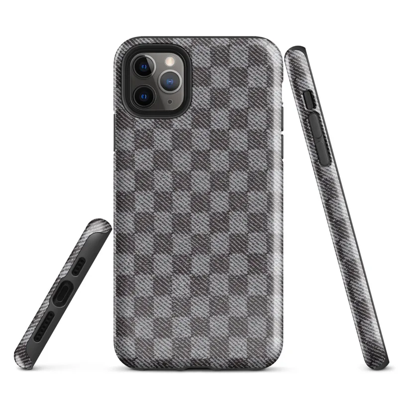 tightly woven checkered pattern in charcoal and light grey with diagonal textile weave detail across each square block on Glossy Steel Grid Woven Check Tough Case for iPhone - default view