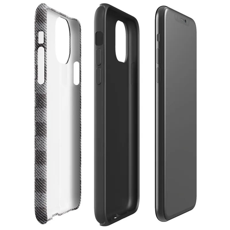 tightly woven checkered pattern in charcoal and light grey with diagonal textile weave detail across each square block on Glossy Steel Grid Woven Check Tough Case for iPhone - default view