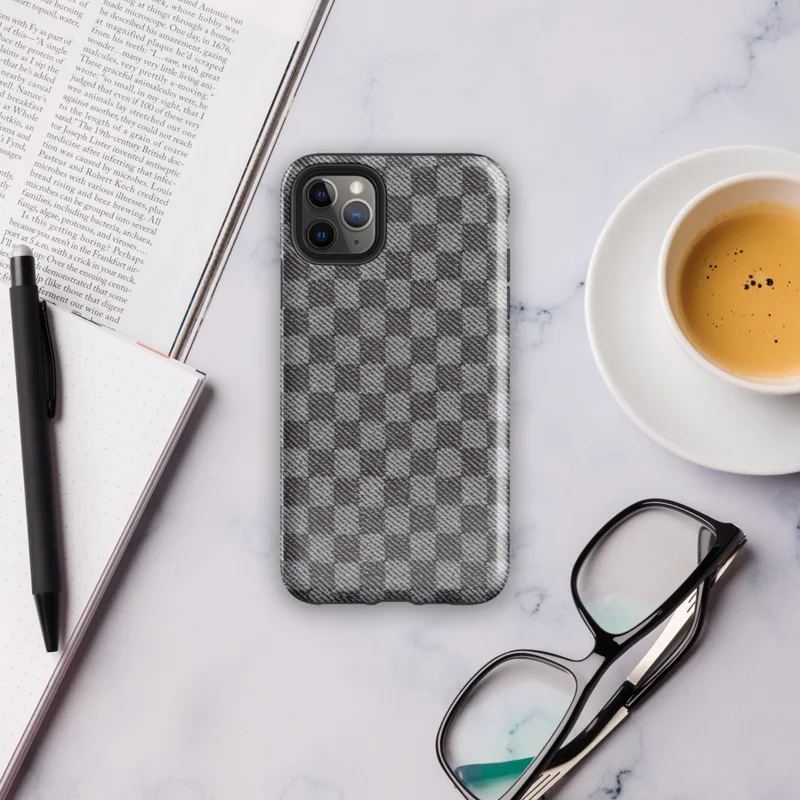 tightly woven checkered pattern in charcoal and light grey with diagonal textile weave detail across each square block on Glossy Steel Grid Woven Check Tough Case for iPhone - default view