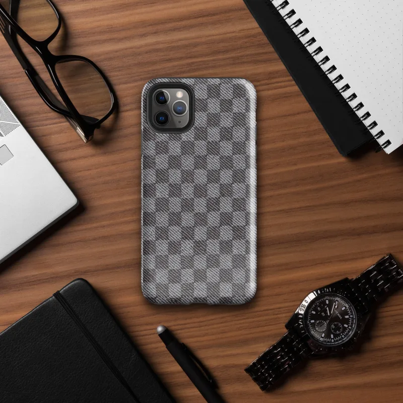tightly woven checkered pattern in charcoal and light grey with diagonal textile weave detail across each square block on Glossy Steel Grid Woven Check Tough Case for iPhone - default view
