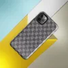 tightly woven checkered pattern in charcoal and light grey with diagonal textile weave detail across each square block on Glossy Steel Grid Woven Check Tough Case for iPhone - default view