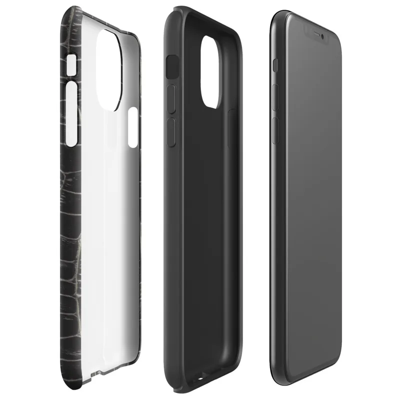 close-up black crocodile scale skin texture with raised interlocking rectangular scales and deep charcoal tones on Glossy Midnight Crocodile Armor Tough Case for iPhone - default view