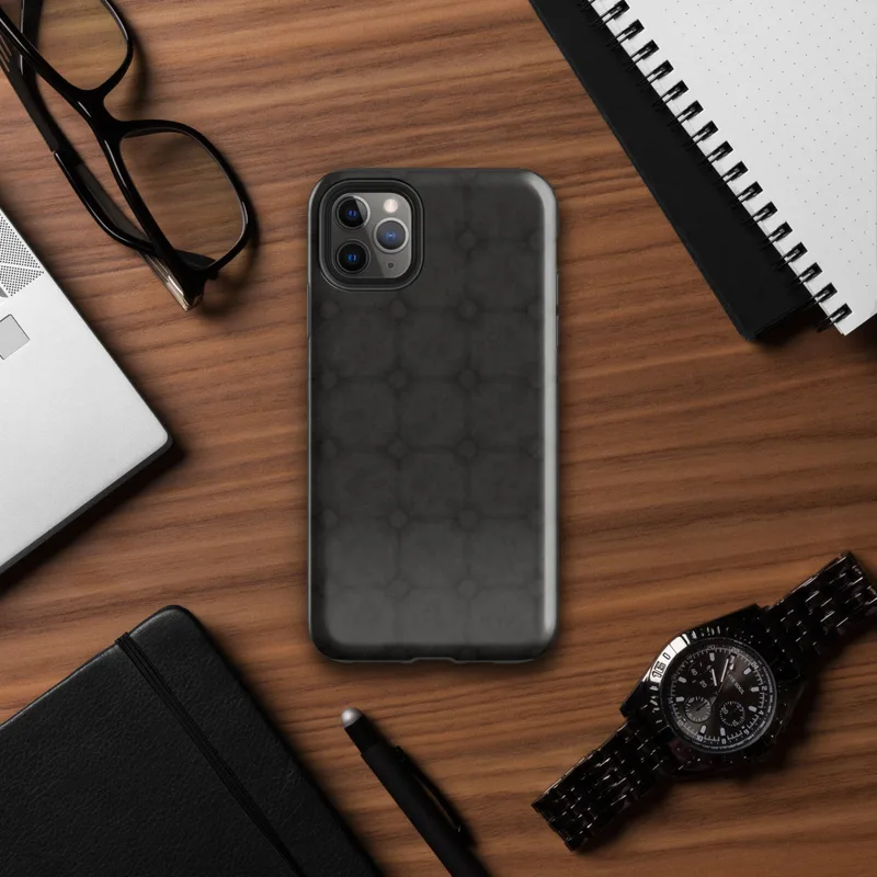repeating dark charcoal stone tile pattern with octagonal borders and small diamond accents at each grid intersection on Glossy Dark Stone Lattice Tough Case for iPhone - default view