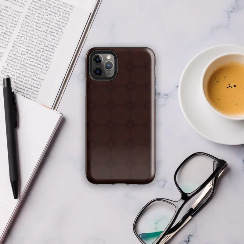 deep oxblood crimson repeating lattice of rounded squares with dot intersections on a near-black background on Glossy Dark Crimson Lattice Shield Tough Case for iPhone - default view