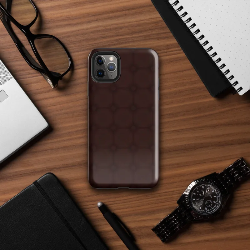 deep oxblood crimson repeating lattice of rounded squares with dot intersections on a near-black background on Glossy Dark Crimson Lattice Shield Tough Case for iPhone - default view