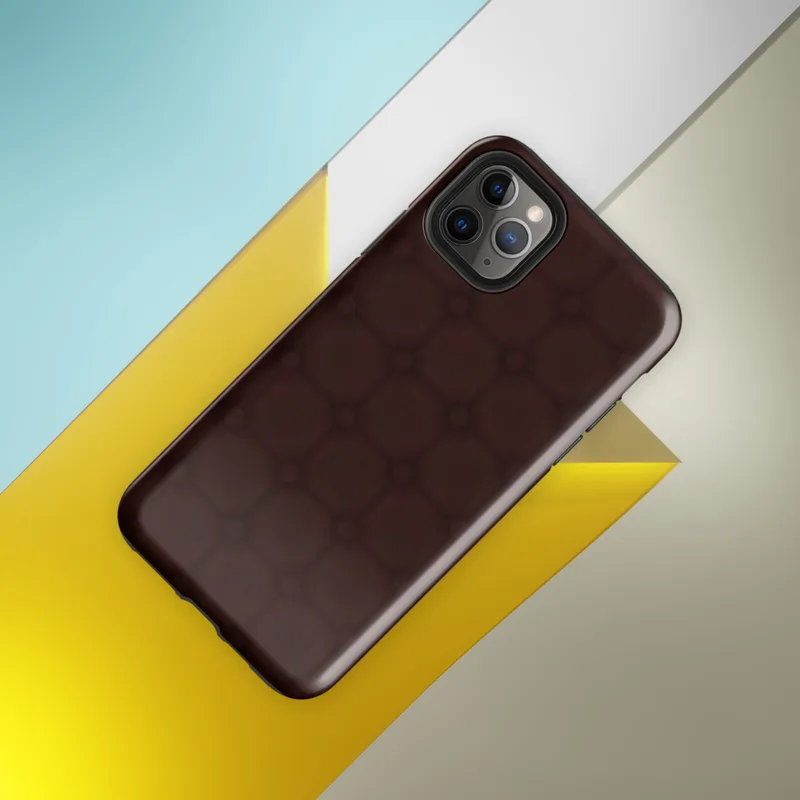 deep oxblood crimson repeating lattice of rounded squares with dot intersections on a near-black background on Glossy Dark Crimson Lattice Shield Tough Case for iPhone - default view