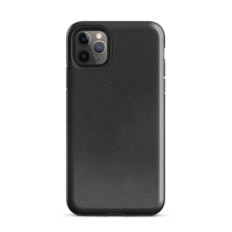close-up black leather surface with natural grain, subtle creases, and organic texture variations across a deep charcoal tone on Glossy Midnight Black Leather Tough Case for iPhone - default view