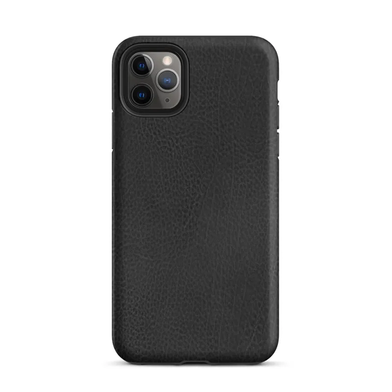 close-up black leather surface with natural grain, subtle creases, and organic texture variations across a deep charcoal tone on Matte Midnight Black Leather Tough Case for iPhone - default view