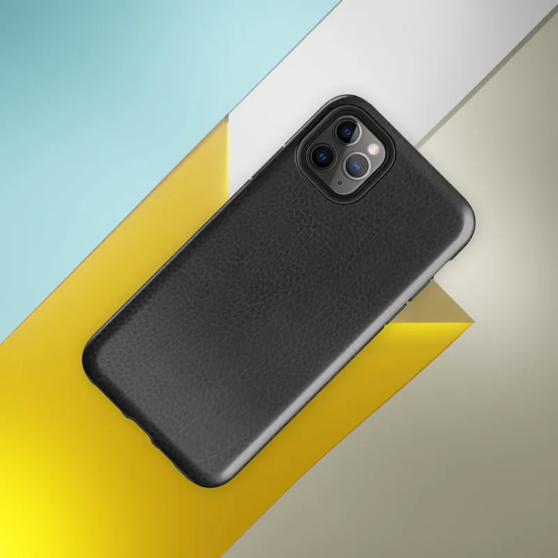 close-up black leather surface with natural grain, subtle creases, and organic texture variations across a deep charcoal tone on Glossy Midnight Black Leather Tough Case for iPhone - default view