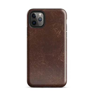 distressed dark mahogany leather texture with amber and tan crackle veining in an aged vintage patina style on Glossy Worn Leather Heritage Tough Case for iPhone - default view
