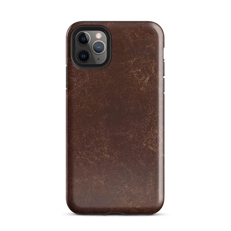 distressed dark mahogany leather texture with amber and tan crackle veining in an aged vintage patina style on Glossy Worn Leather Heritage Tough Case for iPhone - default view