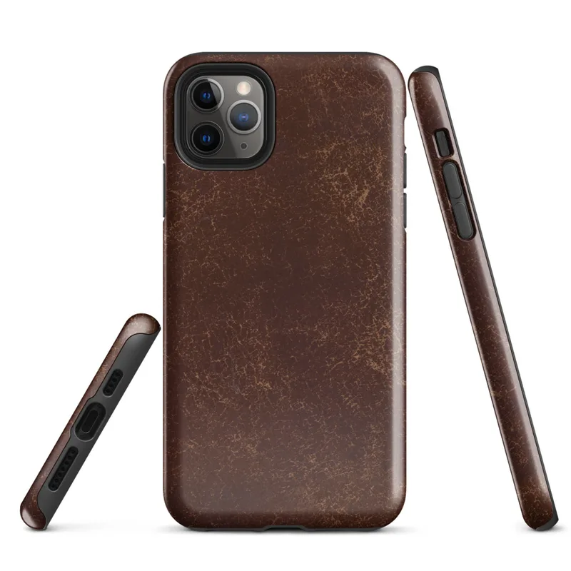 distressed dark mahogany leather texture with amber and tan crackle veining in an aged vintage patina style on Glossy Worn Leather Heritage Tough Case for iPhone - default view