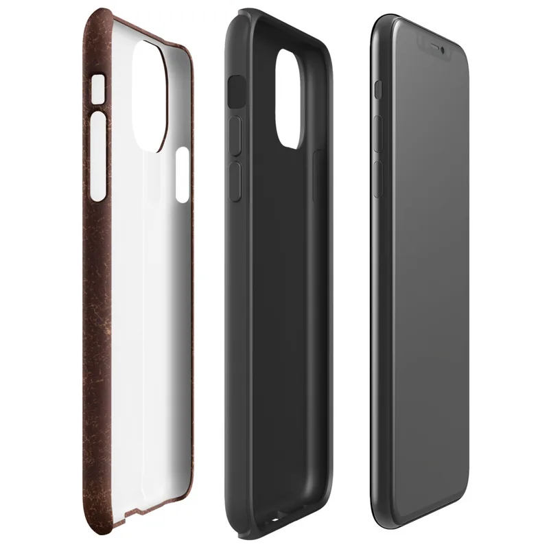distressed dark mahogany leather texture with amber and tan crackle veining in an aged vintage patina style on Glossy Worn Leather Heritage Tough Case for iPhone - default view