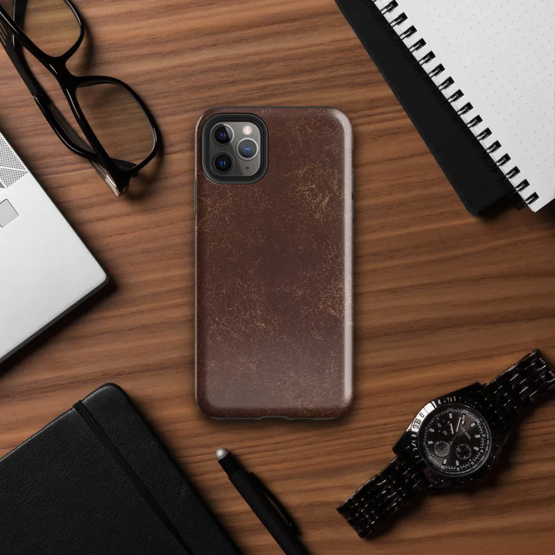 distressed dark mahogany leather texture with amber and tan crackle veining in an aged vintage patina style on Glossy Worn Leather Heritage Tough Case for iPhone - default view