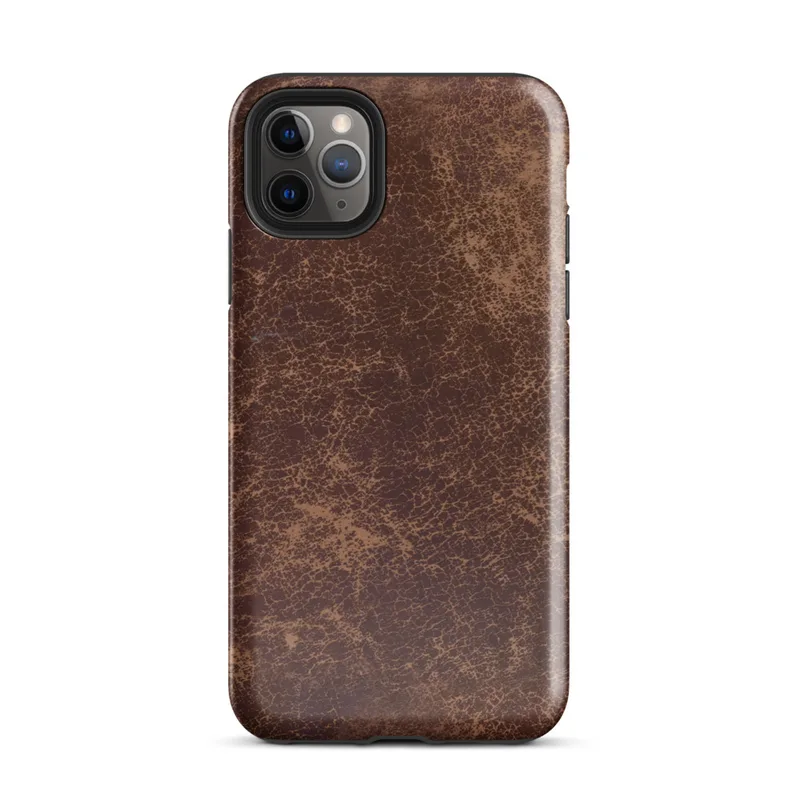 distressed burgundy and tan leather surface with crackled, aged patina and irregular worn markings on Glossy Worn Leather Vintage Tough Case for iPhone - default view