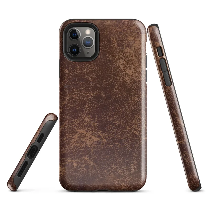 distressed burgundy and tan leather surface with crackled, aged patina and irregular worn markings on Glossy Worn Leather Vintage Tough Case for iPhone - default view