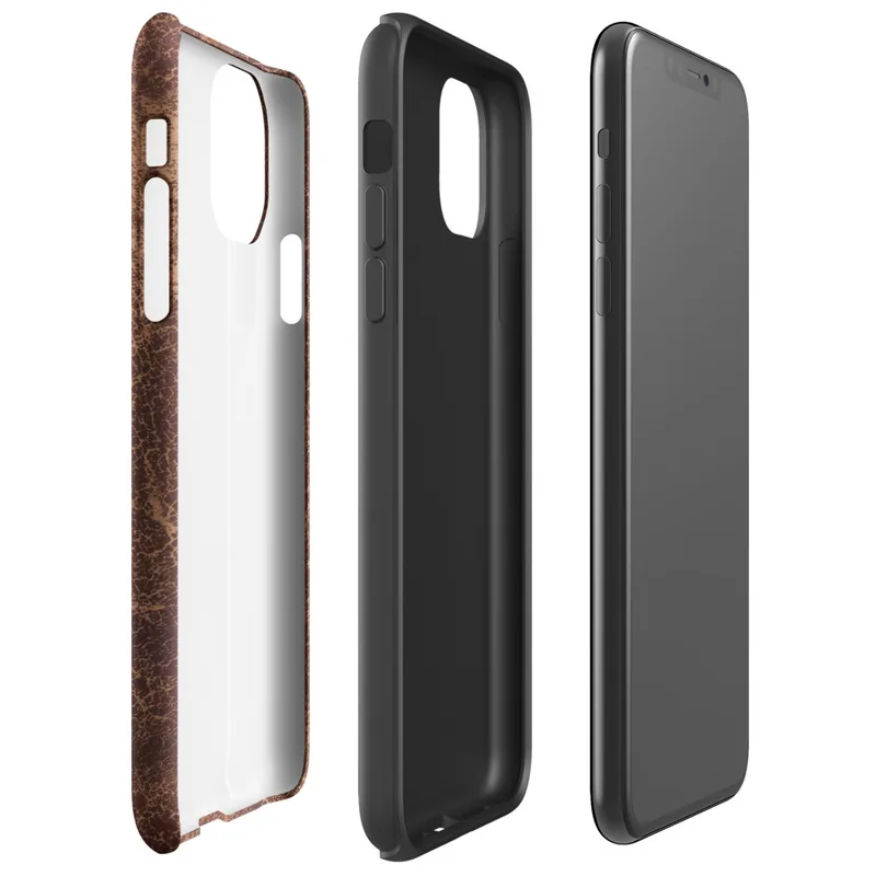 distressed burgundy and tan leather surface with crackled, aged patina and irregular worn markings on Glossy Worn Leather Vintage Tough Case for iPhone - default view