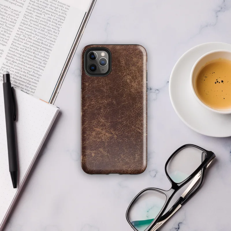 distressed burgundy and tan leather surface with crackled, aged patina and irregular worn markings on Glossy Worn Leather Vintage Tough Case for iPhone - default view