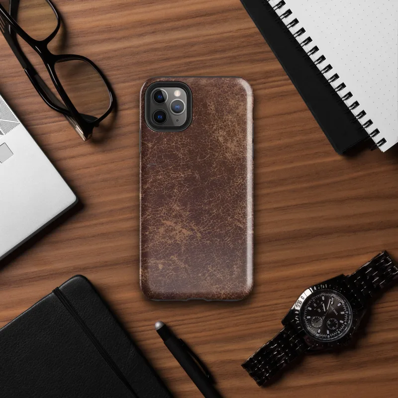 distressed burgundy and tan leather surface with crackled, aged patina and irregular worn markings on Glossy Worn Leather Vintage Tough Case for iPhone - default view