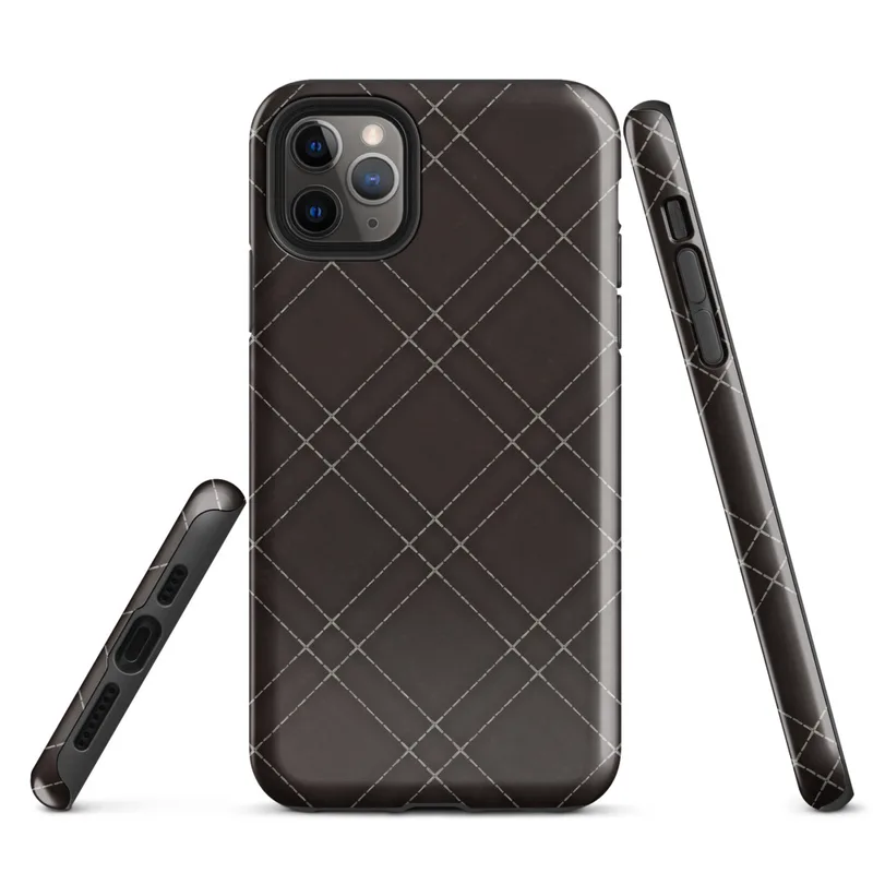 deep espresso brown quilted leather diamond grid pattern with fine dashed stitch lines at a 45-degree angle on Glossy Dark Diamond Quilted Leather Tough Case for iPhone - default view