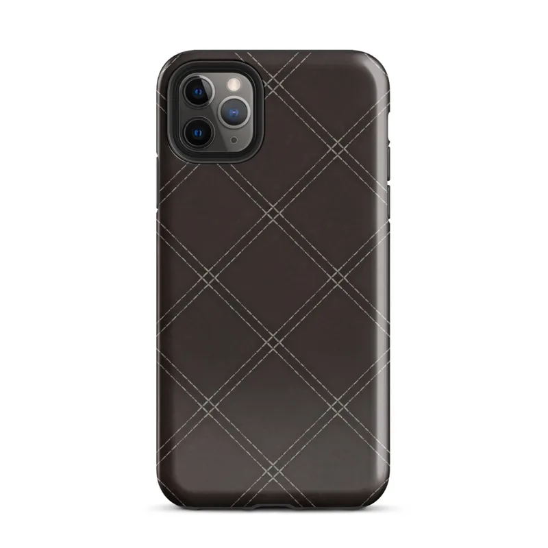 deep espresso brown quilted leather pattern with diagonal diamond grid and double-stitch lines at each intersection on Glossy Dark Diamond Stitch Tough Case for iPhone - default view