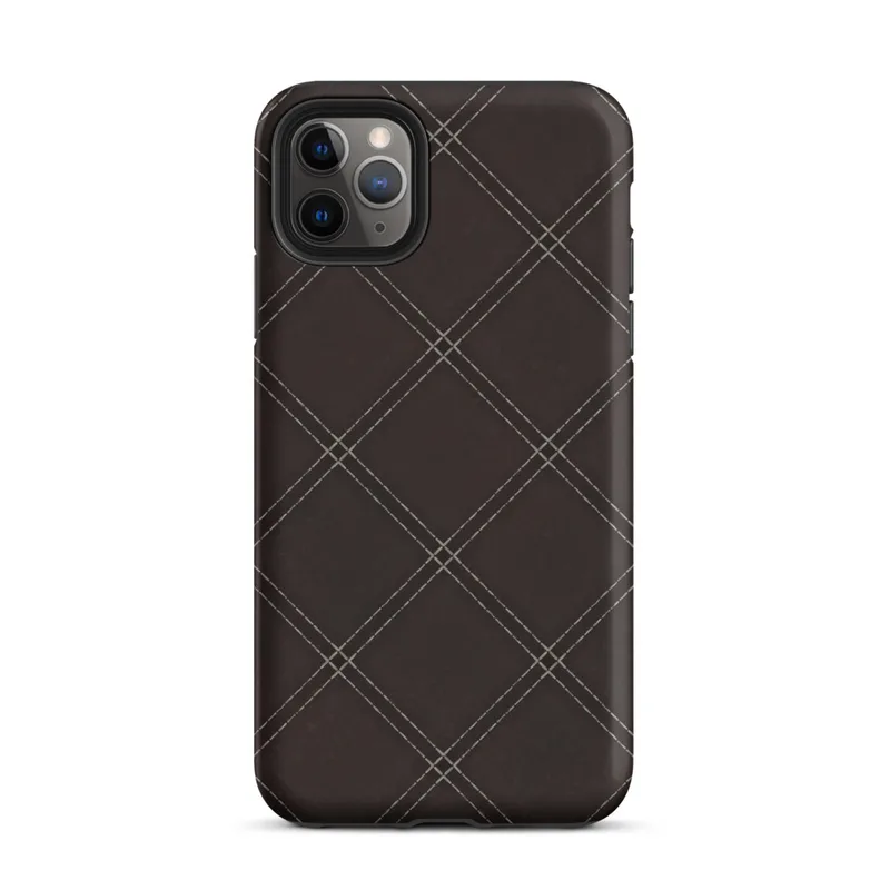 deep espresso brown quilted leather pattern with diagonal diamond grid and double-stitch lines at each intersection on Matte Dark Diamond Stitch Tough Case for iPhone - default view