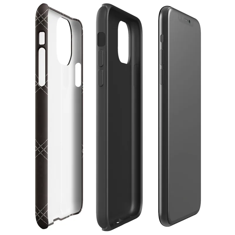 deep espresso brown quilted leather pattern with diagonal diamond grid and double-stitch lines at each intersection on Glossy Dark Diamond Stitch Tough Case for iPhone - default view