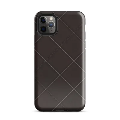 diagonal quilted diamond grid with dashed stitch lines and cross points on deep espresso dark brown background on Glossy Dark Diamond Quilted Tough Case for iPhone - default view