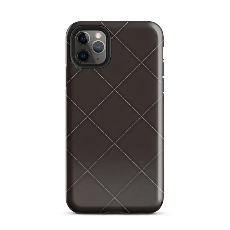 diagonal quilted diamond grid with dashed stitch lines and cross points on deep espresso dark brown background on Glossy Dark Diamond Quilted Tough Case for iPhone - default view