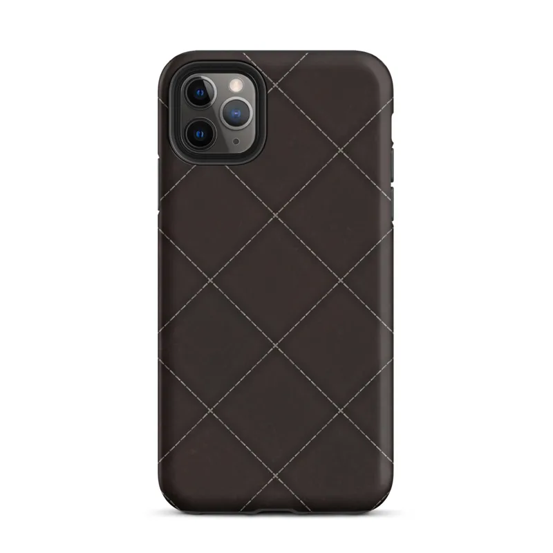 diagonal quilted diamond grid with dashed stitch lines and cross points on deep espresso dark brown background on Matte Dark Diamond Quilted Tough Case for iPhone - default view