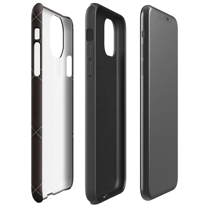 diagonal quilted diamond grid with dashed stitch lines and cross points on deep espresso dark brown background on Glossy Dark Diamond Quilted Tough Case for iPhone - default view