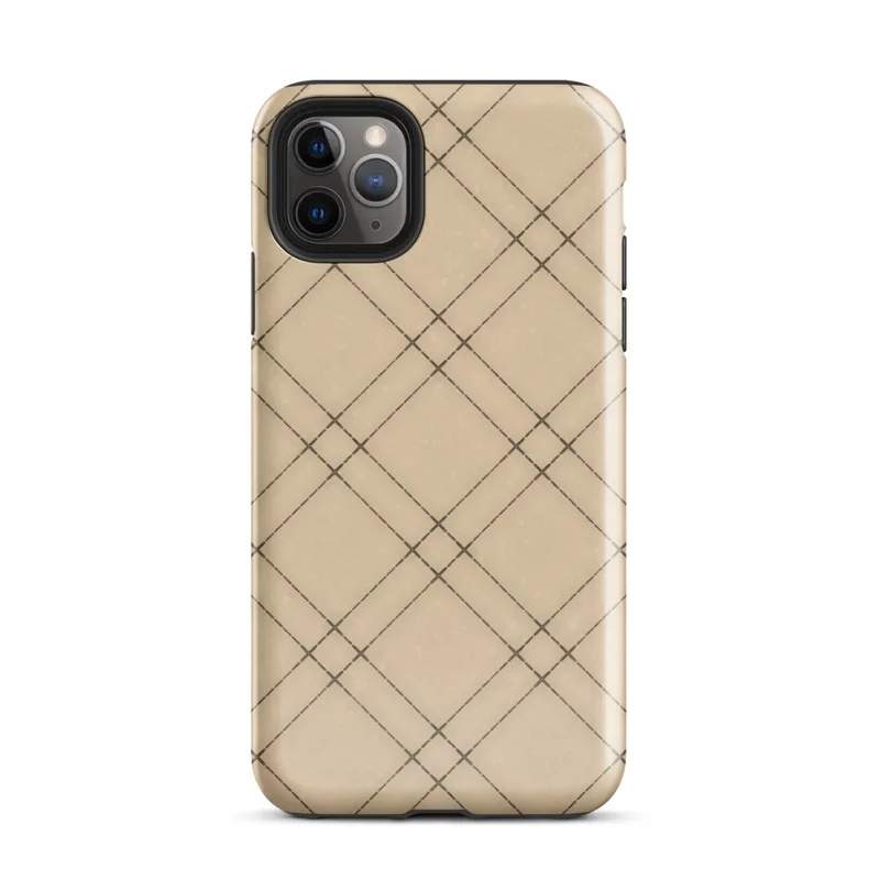 diagonal plaid grid of double dark brown lines forming diamond shapes on a warm beige and tan textured background on Glossy Classic Diagonal Plaid Tough Case for iPhone - default view