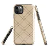 diagonal plaid grid of double dark brown lines forming diamond shapes on a warm beige and tan textured background on Glossy Classic Diagonal Plaid Tough Case for iPhone - default view