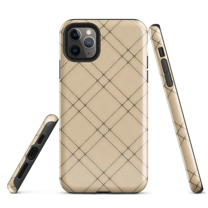 diagonal plaid grid of double dark brown lines forming diamond shapes on a warm beige and tan textured background on Glossy Classic Diagonal Plaid Tough Case for iPhone - default view