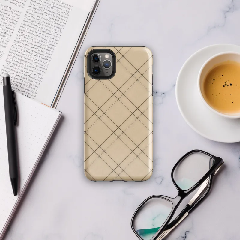 diagonal plaid grid of double dark brown lines forming diamond shapes on a warm beige and tan textured background on Glossy Classic Diagonal Plaid Tough Case for iPhone - default view