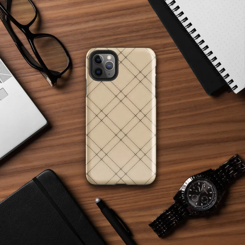 diagonal plaid grid of double dark brown lines forming diamond shapes on a warm beige and tan textured background on Glossy Classic Diagonal Plaid Tough Case for iPhone - default view