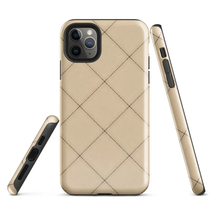diagonal diamond grid pattern in warm sandy beige with thin dark grout lines and small cross accents at each tile intersection, subtle stone texture throughout on Glossy Stone Tile Diamond Grid Tough Case for iPhone - default view