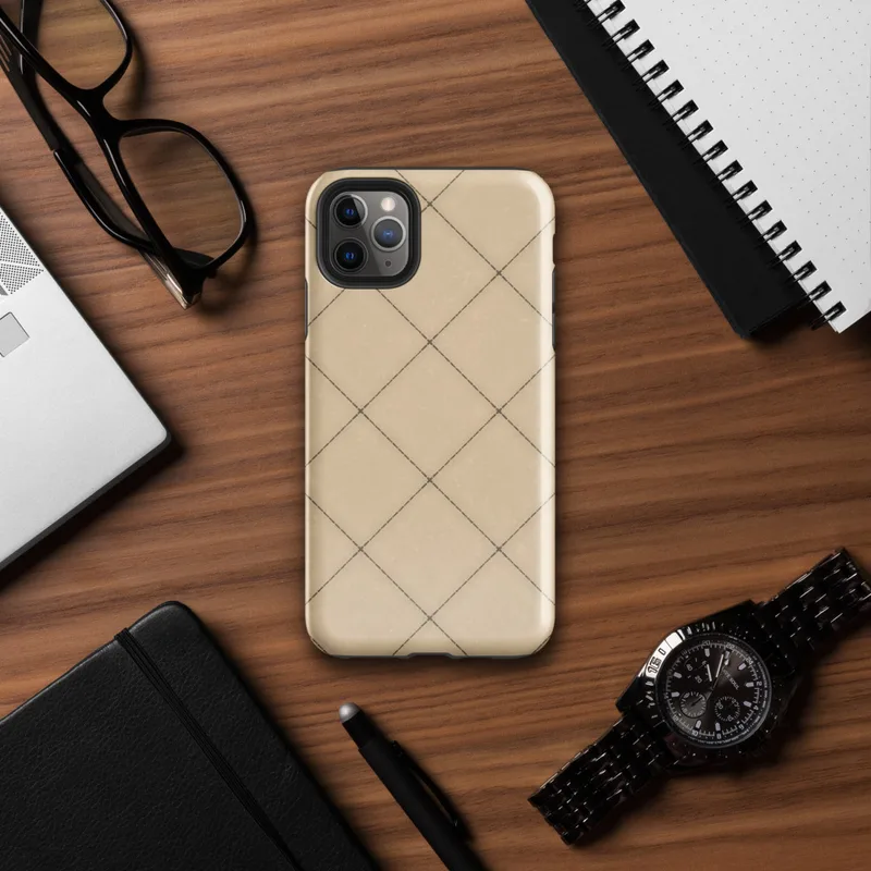 diagonal diamond grid pattern in warm sandy beige with thin dark grout lines and small cross accents at each tile intersection, subtle stone texture throughout on Glossy Stone Tile Diamond Grid Tough Case for iPhone - default view