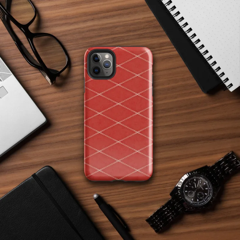 red diamond argyle lattice with cream double-stitch lines and dot intersections on a mottled crimson background on Glossy Red Diamond Quilted Stitch Tough Case for iPhone - default view