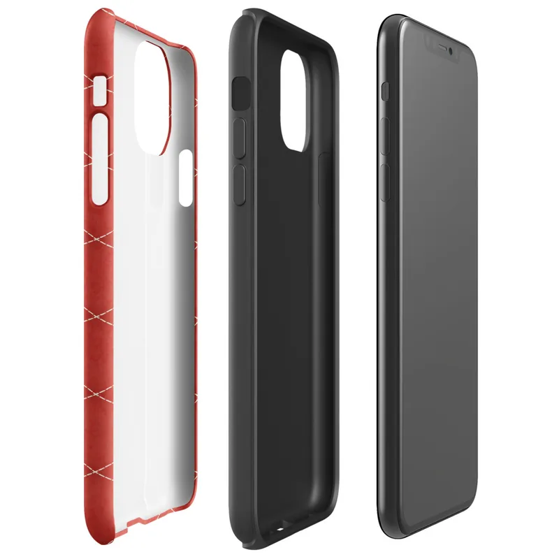 repeating diamond lattice with white stitched grid lines on a deep textured crimson red background on Glossy Red Diamond Grid Tough Case for iPhone - default view