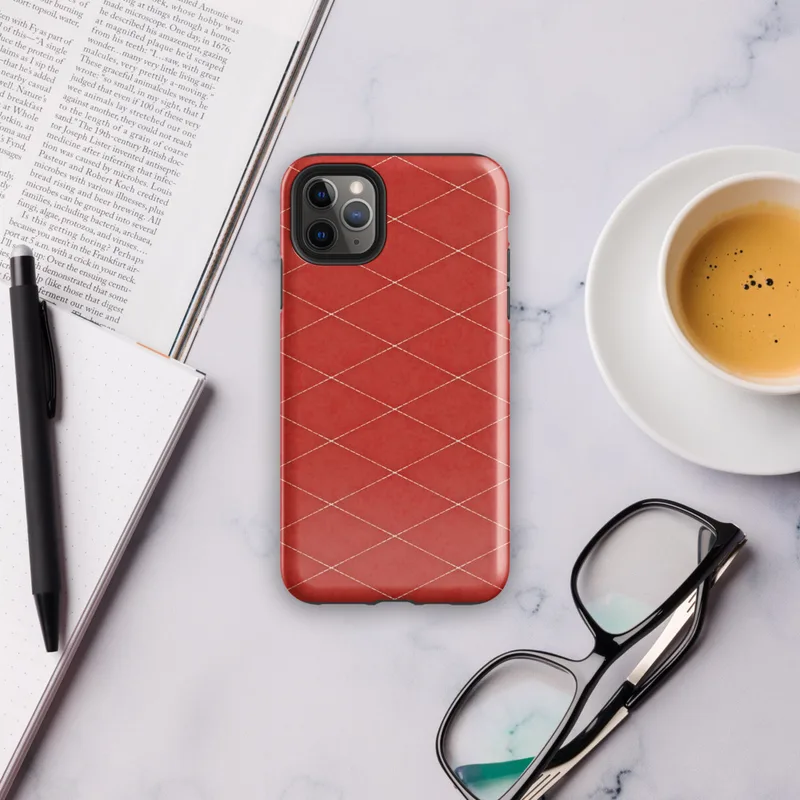 repeating diamond lattice with white stitched grid lines on a deep textured crimson red background on Glossy Red Diamond Grid Tough Case for iPhone - default view
