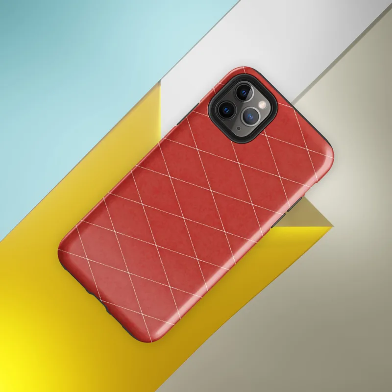 repeating diamond lattice with white stitched grid lines on a deep textured crimson red background on Glossy Red Diamond Grid Tough Case for iPhone - default view
