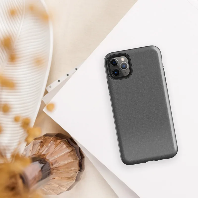 close-up woven linen fabric texture in deep charcoal and slate grey tones with subtle thread variation on Glossy Slate Linen Texture Tough Case for iPhone - default view